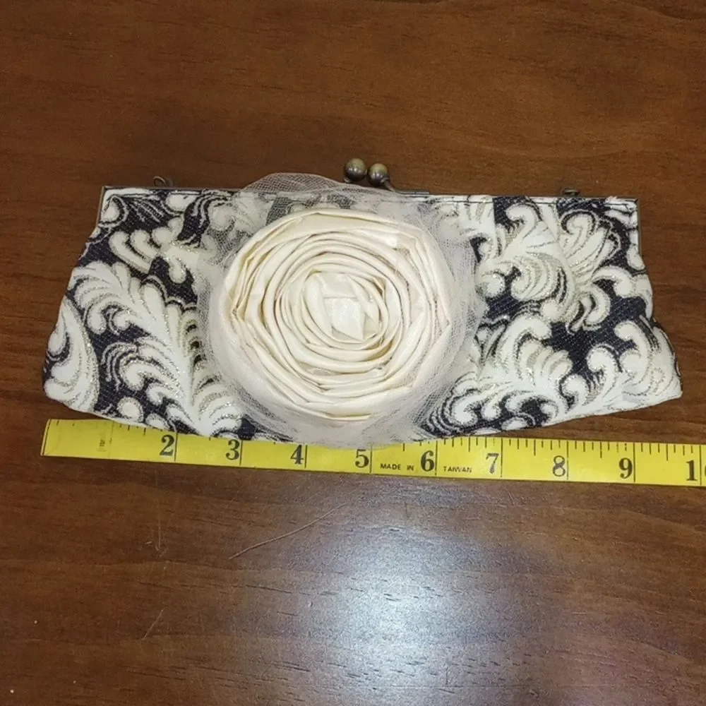 Black & Cream Brocade Evening Bag Clutch Satin Flower, Lace Netting, Chain Strap